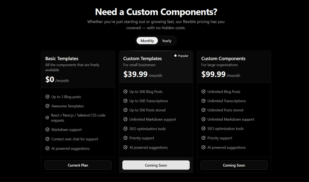 Pricing Sections preview